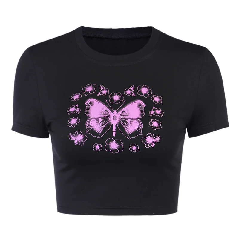 

Goth Purple Floral Butterfly Print Women T-Shirt Short Sleeve Summer Crop Tops O Neck Short T-Shirt Female Casual Tops Harajuku