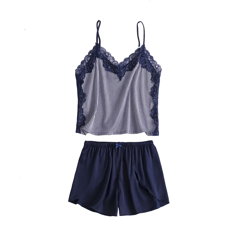 

Sexy Lace Pajamas Summer New Women 2PCS Strap Top&Shorts Satin Sleepwear Intimate Lingerie Striped Pijamas Home Clothes