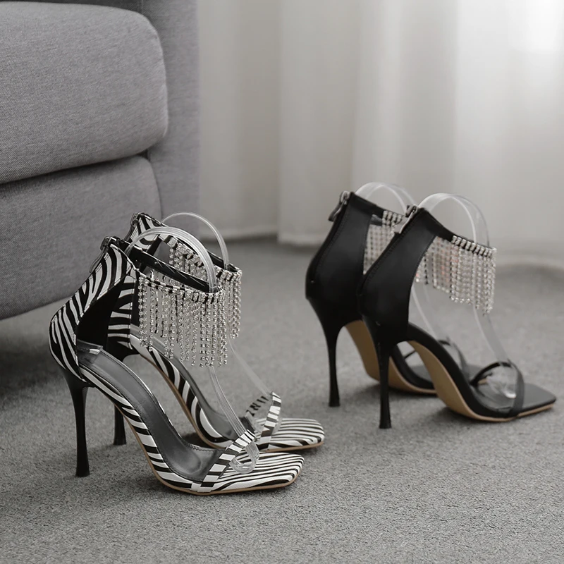 

High Heel Sandal for Women Shoes Lady 2021 Tassel Large Size High-heeled Rhinestone Comfort New Girls Multicolored Fringe Sexy