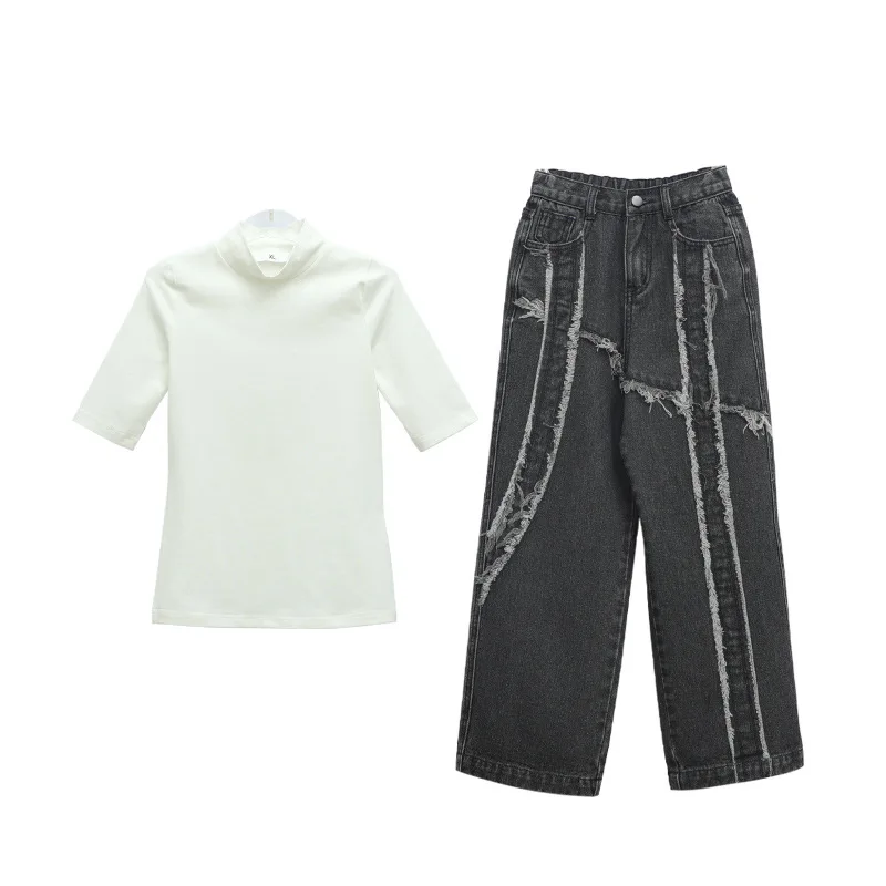 

2022 New Teenage Girls Spring Cotton Brief T-shirt and Personalized Straight-Leg Jeans Children Fashion Clothing, #9341