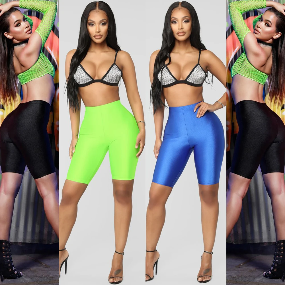 Шорты женские компрессионные с высокой талией блестящие облегающие леггинсы