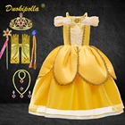 Красивое и чудовище, платье Белль для девочек, летние платья с цветами для девочек, желтые платья с открытыми плечами, костюм принцессы для хэллоуивечерние