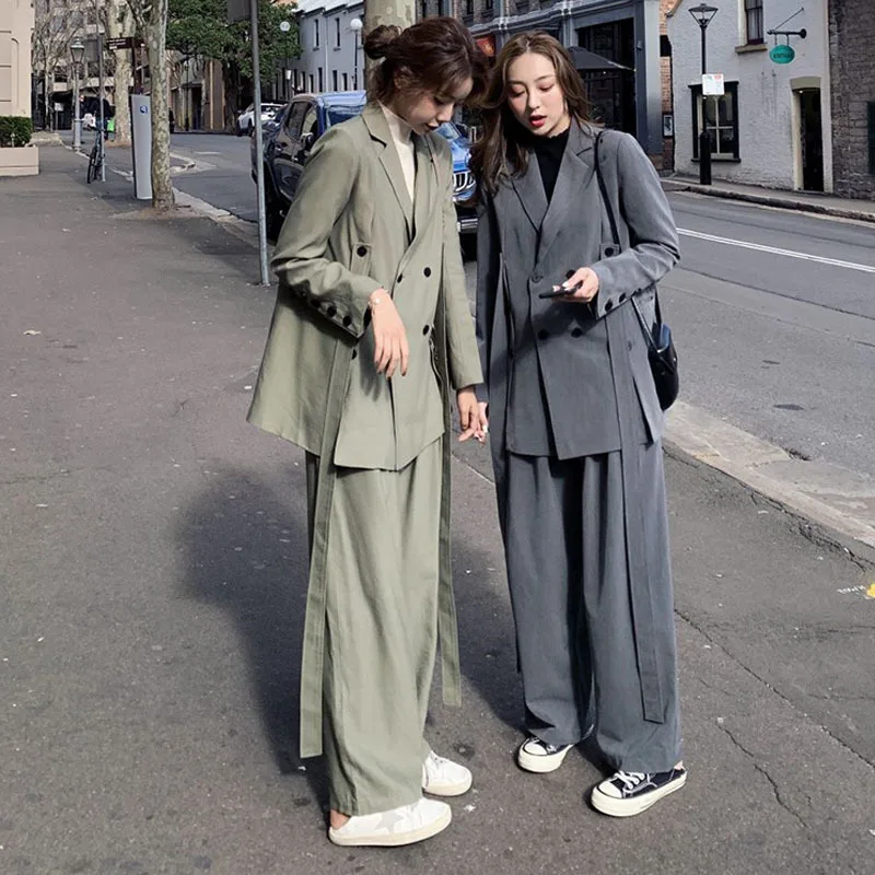 

Fashion Double Breasted Women Pant Suit Notched Blazer Jacket & High Waist Pant Female Blazer Set 2021 Office Wear Women Suits