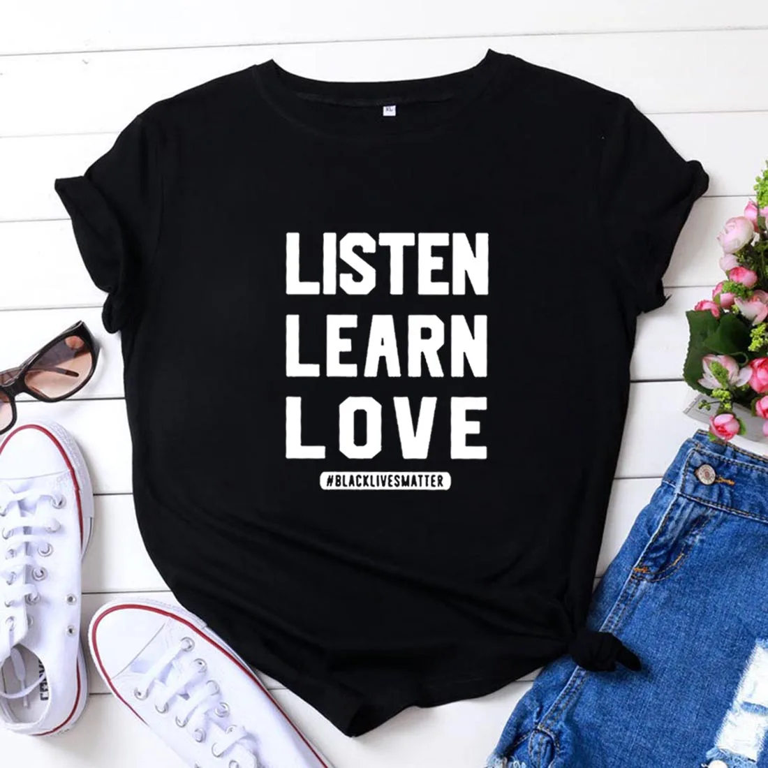 Listen Learn Love Funny T Shirts Women Tshirt Loose Camiseta Mujer Short Sleeve Cotton Black White Tee Shirt Femme | Женская одежда