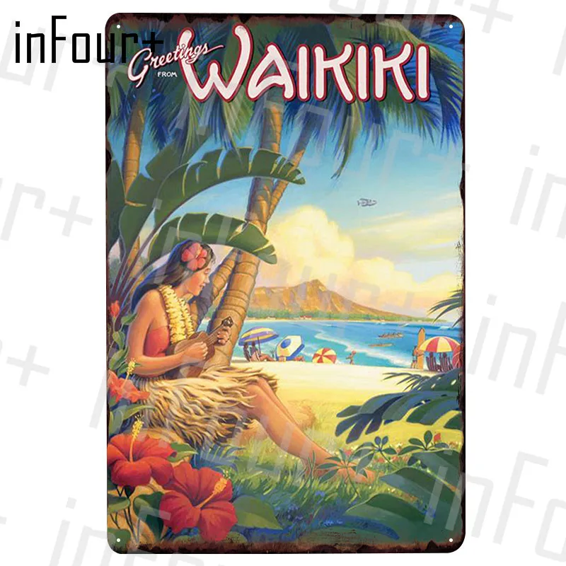 Пляжный жестяной плакат Waikiki металлическая пластина металлический винтажный - Фото №1