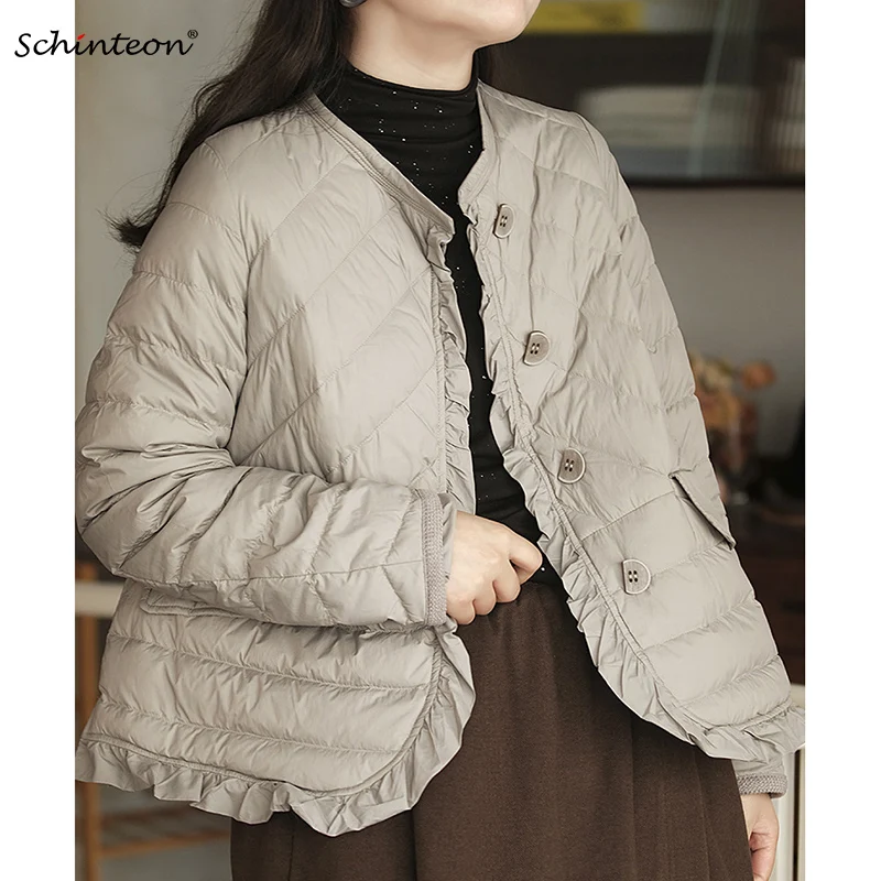 

Schinteon Women 90% Grey Duck Down Jacket Casual Ruffles Simple Solid Color Autumn Winter Outwear Short Coat New