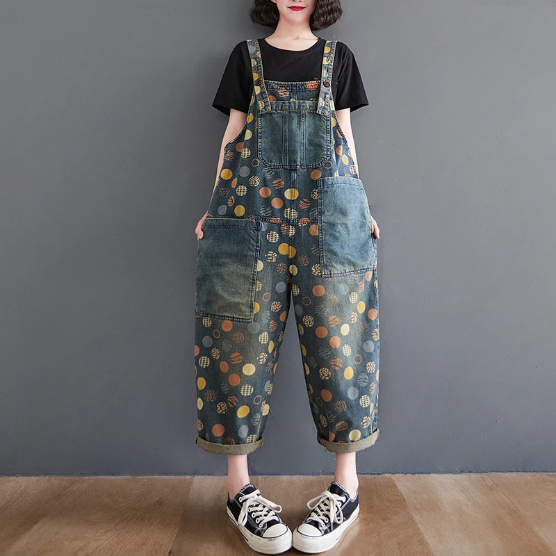 Женский джинсовый комбинезон в горошек винтажный из денима с большими карманами