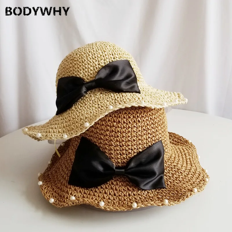 New High Quality Hat Female Korean Summer Sun Visor Net Red Fisherman Hat Japanese Wild Beach Pearl Bow Straw Hat Free Shipping