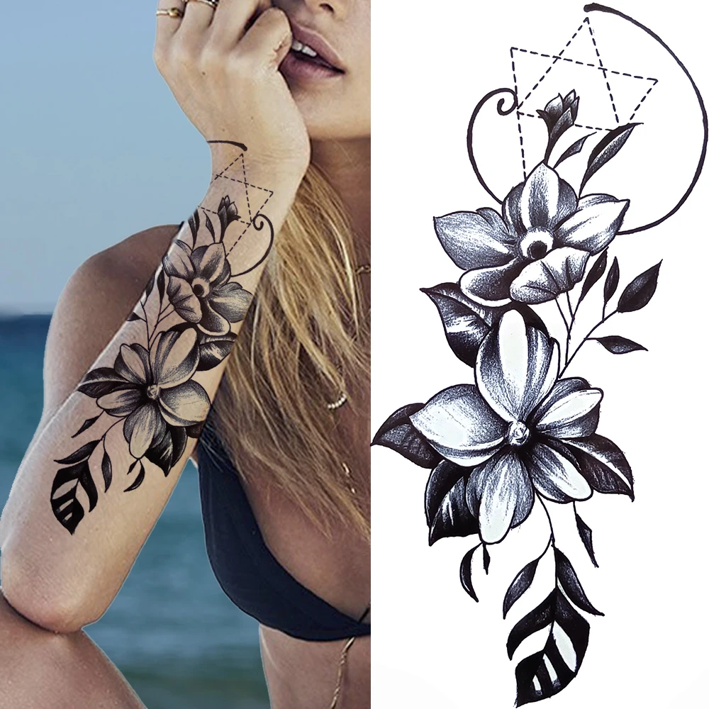 

Triangle Fake Jewelry Chains Temporary tattoo For Women Black Peony Lotus Daisy Rose Dahlia Lily Tattoo Sticker DIY Flower Tatoo