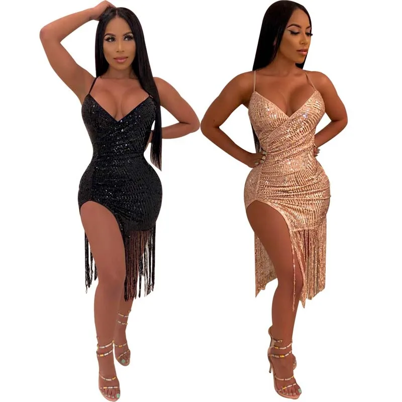 

Women Fashion Solid Sequin Sexy V-neck Mini Dress Strap Splice Tassels Party Fancy Dresses New Women Shining Evening short Dress