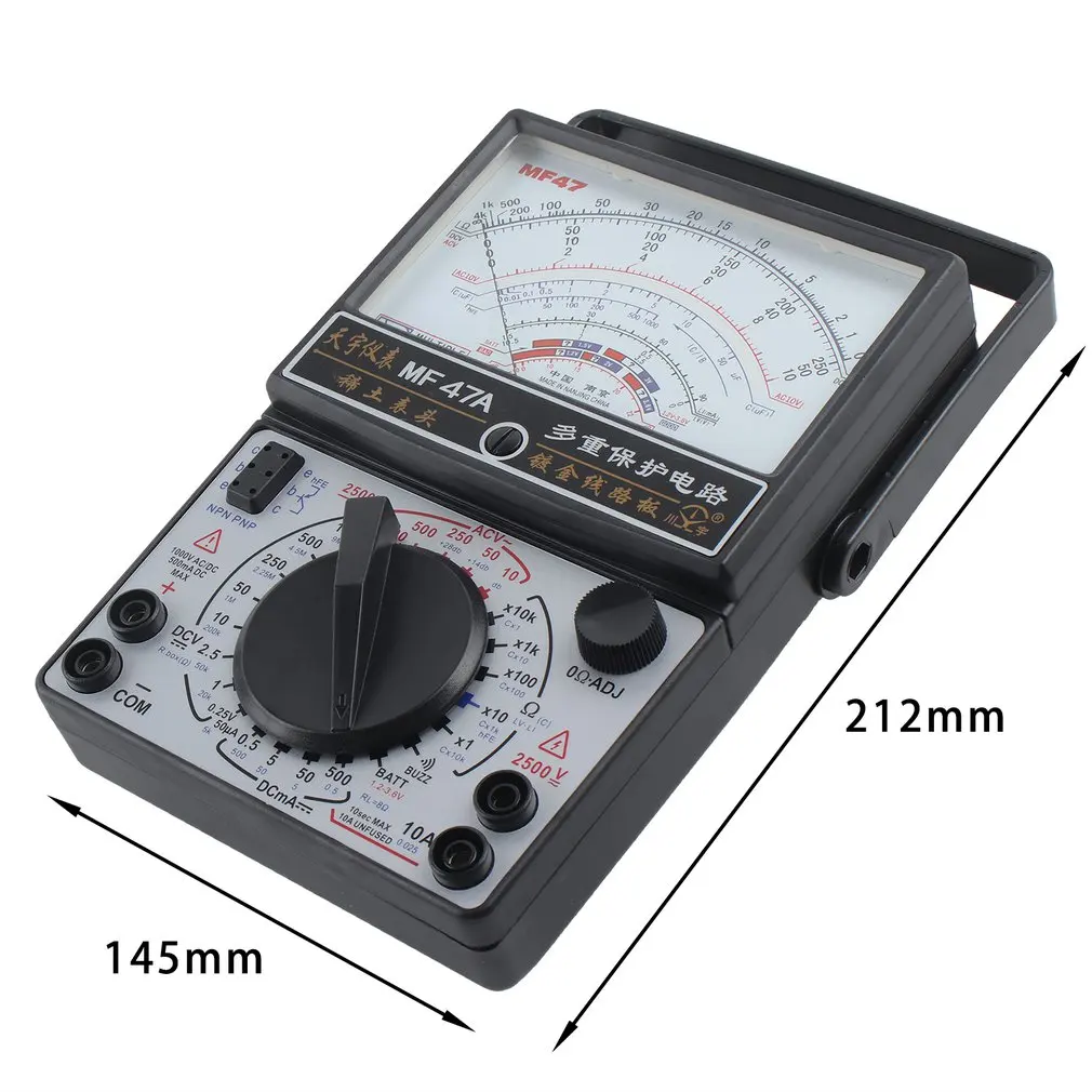 

MF-47A Analog Multimeter D/C-AC Voltage Current Meter Battery Test Handheld hFE Tester Multitester Buzzer Alarm Pointer