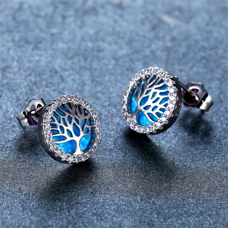 

Vintage Female Blue Opal Stone Earrings Cute Silver Color Small Stud Earrings Dainty Life Tree Zircon Wedding Earrings For Women