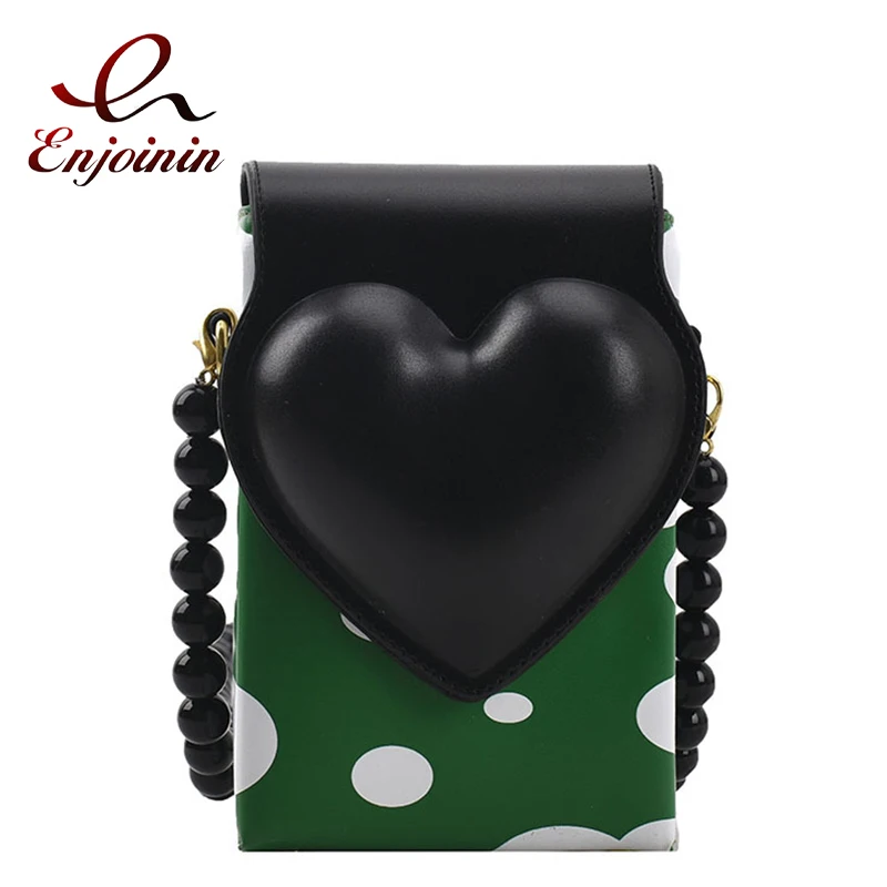 

Fashion Heart Shaped Design Beaded Chain Purses and Handbags for Women Polka Dot Crossbody Bag Female Clutch Cute Shoulder Bag