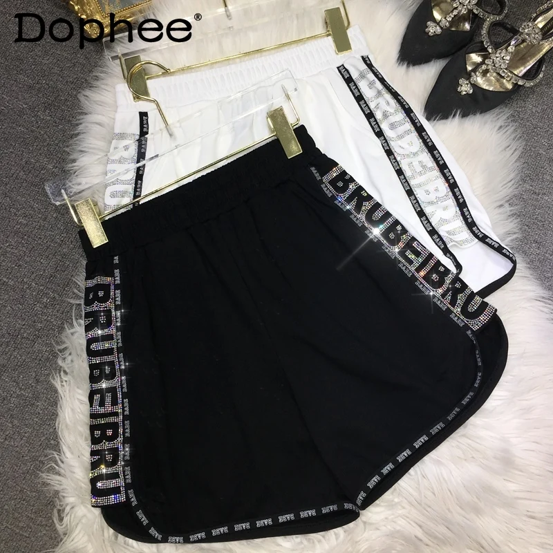 

European Heavy Hot Drilling Sport Shorts Women Letters Slim Thin Wide-Leg Short Pants Female Summer New Loose Casual Hot Pants