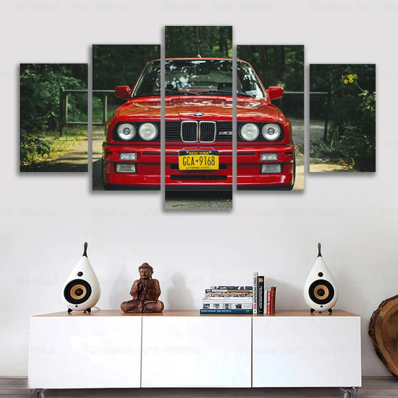 

Canvas Printed Poster Home Decor 5 Pieces HD Retro Bmw M3 Red Sport Car Paintings Wall Art Pictures Living Room Modular Framed