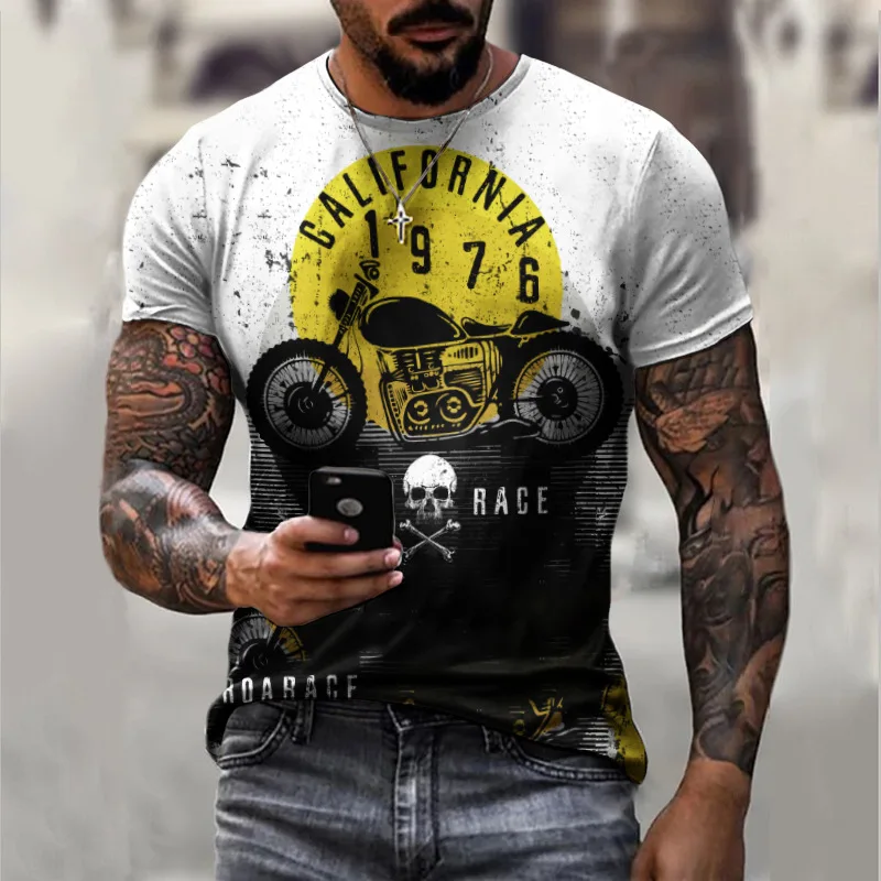 

Retro 3D Printing Round Neck Men T-shirt Street Fashion Style Oversized T-shirt Motorcycle Rider Pattern Short-sleeved Shirt