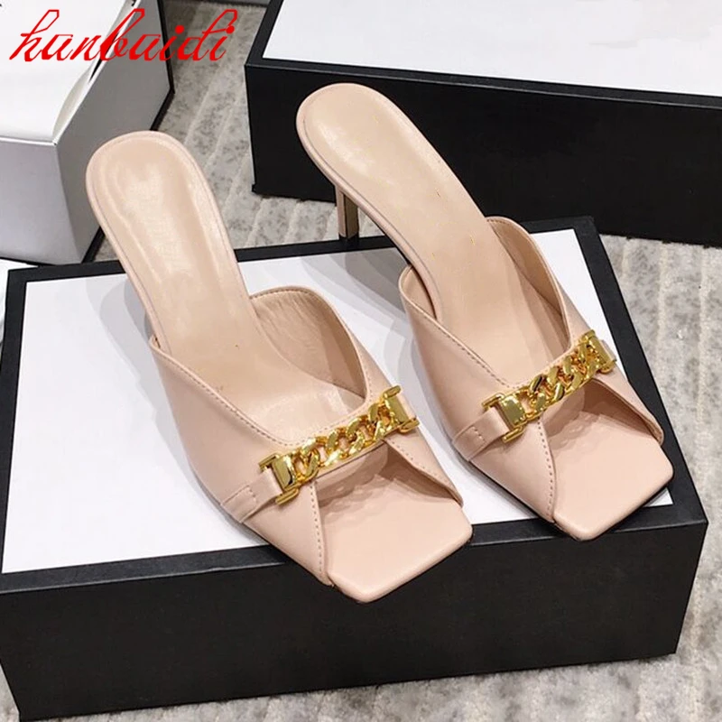

New Sheepskin High Heels Metal Chain Square Toe Shoes Sandals Slippers Women Stiletto Leather Outer Shoes