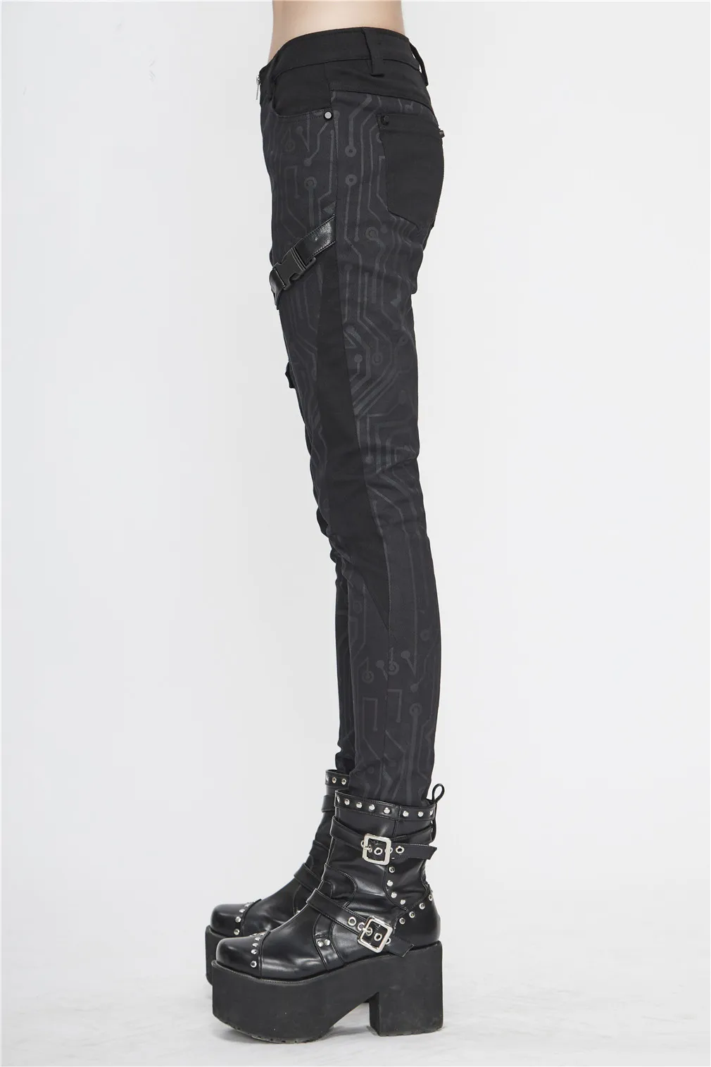 Printed trousers, Gothic ladies trousers, tight-fitting left and right thighs, button-up style, handsome feet pants