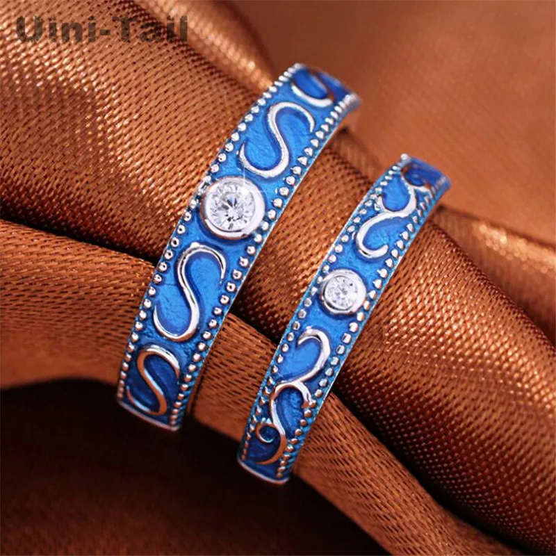 

Uini-Tail hot sale new 925 sterling silver European and American creative blue couple open ring retro creative fashion sweet