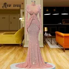 Женское вечернее платье с юбкой годе, розовое платье с высоким воротом и длинным рукавом, украшенное бусинами, для выпускного вечера, 2021