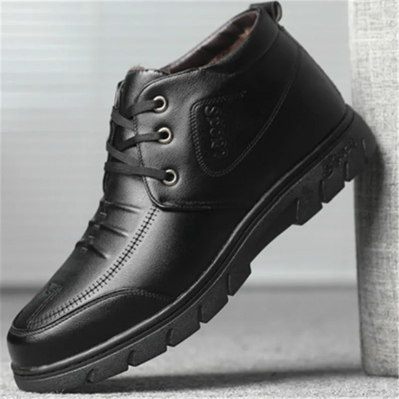Ботинки мужские однотонные кожаные теплые водонепроницаемые ботильоны с