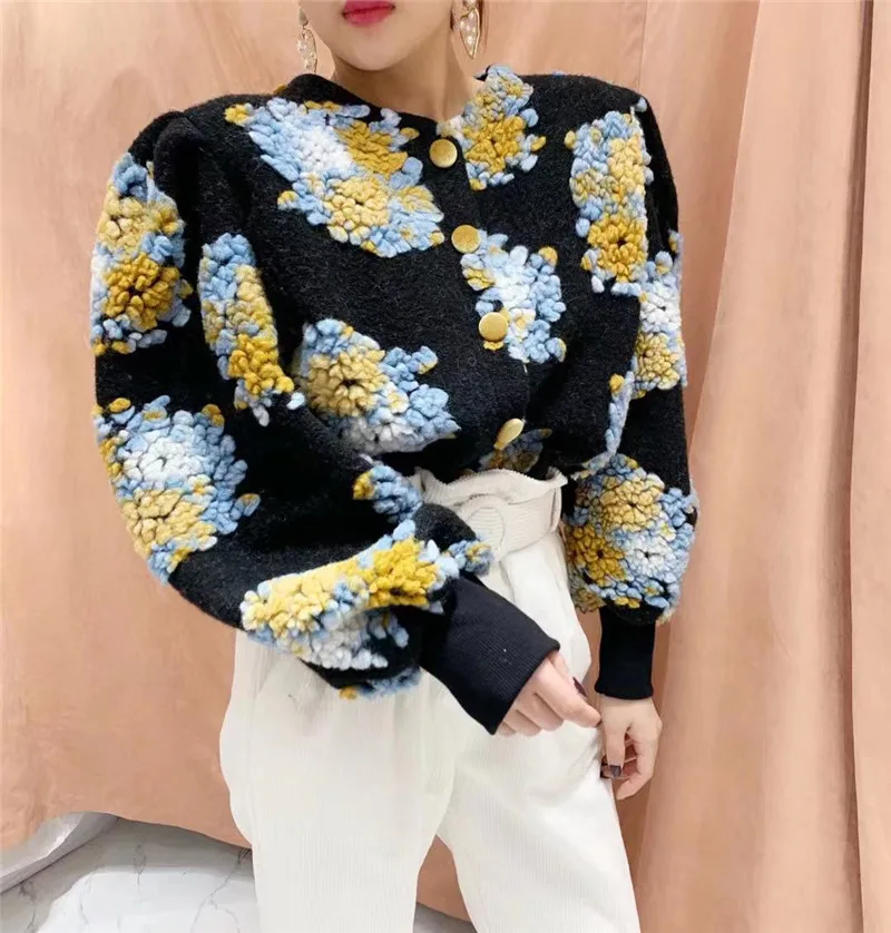 RUGOD Модный кардиган с вышивкой Женский пушистый вязаный пышными рукавами