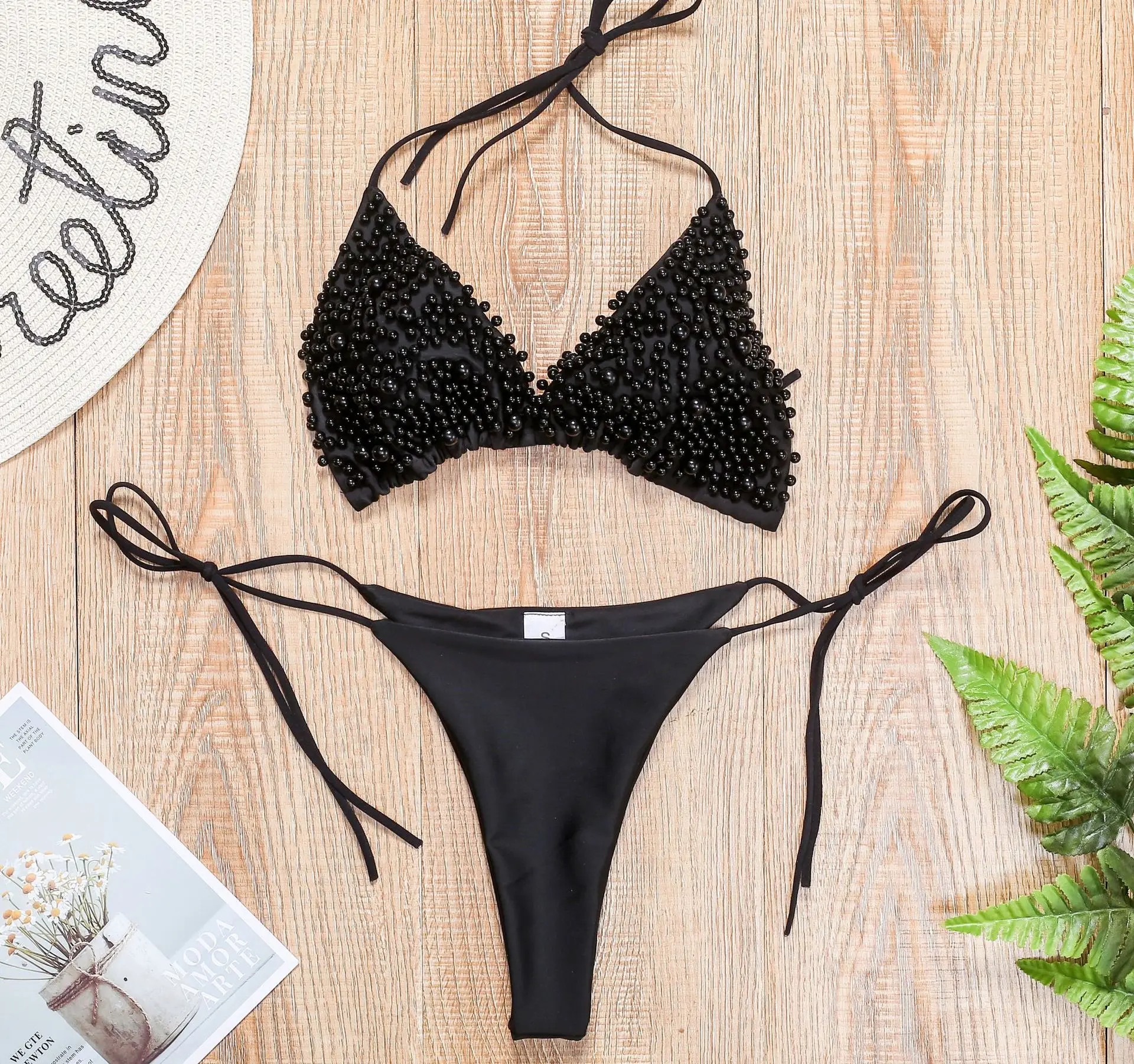 

2021 Sexy Women High Waist Bikini Swimsuit Swimwear Female Bandeau Thong Pearl Brazilian Biquini Bikini Set Bathing Suit Bather