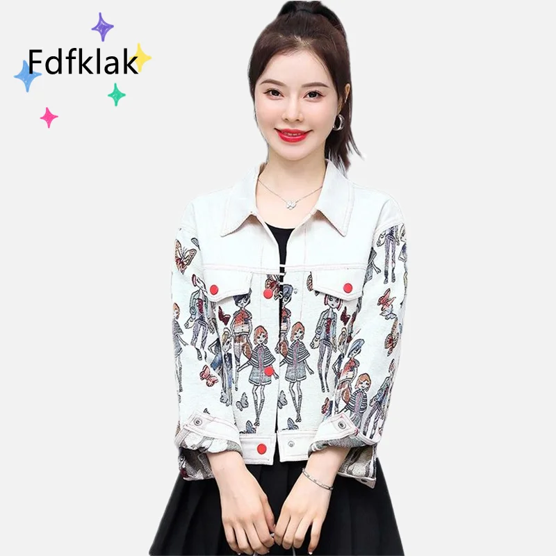 

Fdfklak 2021 Spring Autumn New Loose Print Tooling Ins Long-Sleeved Short Jacket Women Clothing Fashion Female Lapel Coat