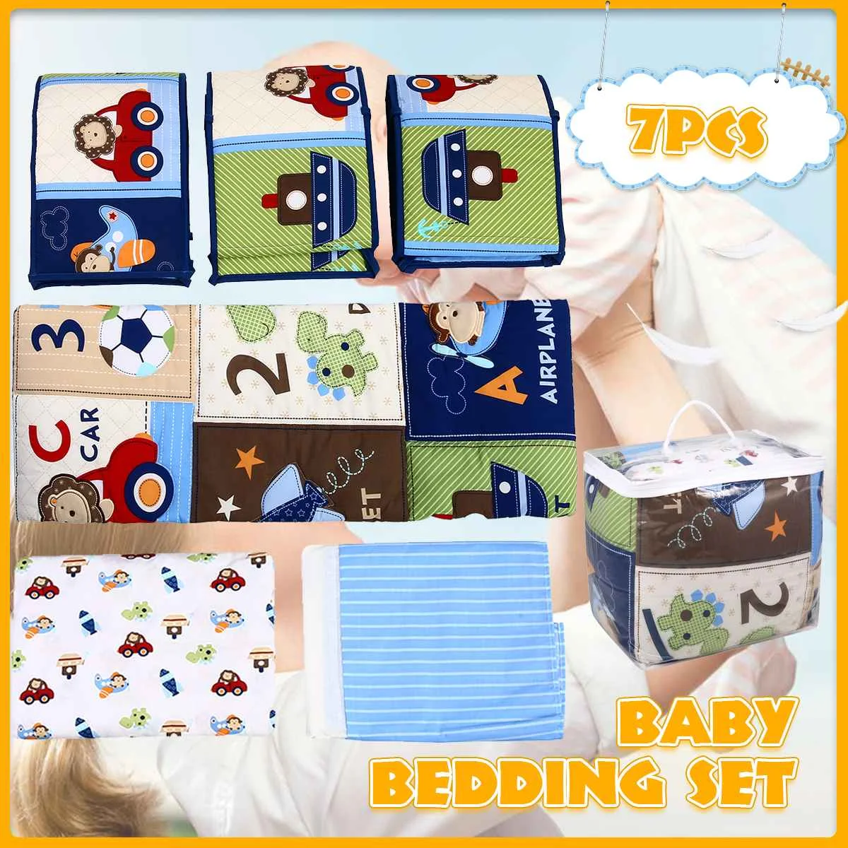 

7pcs Cute Cushion Cot Bumpers Baby Bed Bedding Kit Cotton Embroidered Comforter Removable Washable Baby Crib Side Protector Set