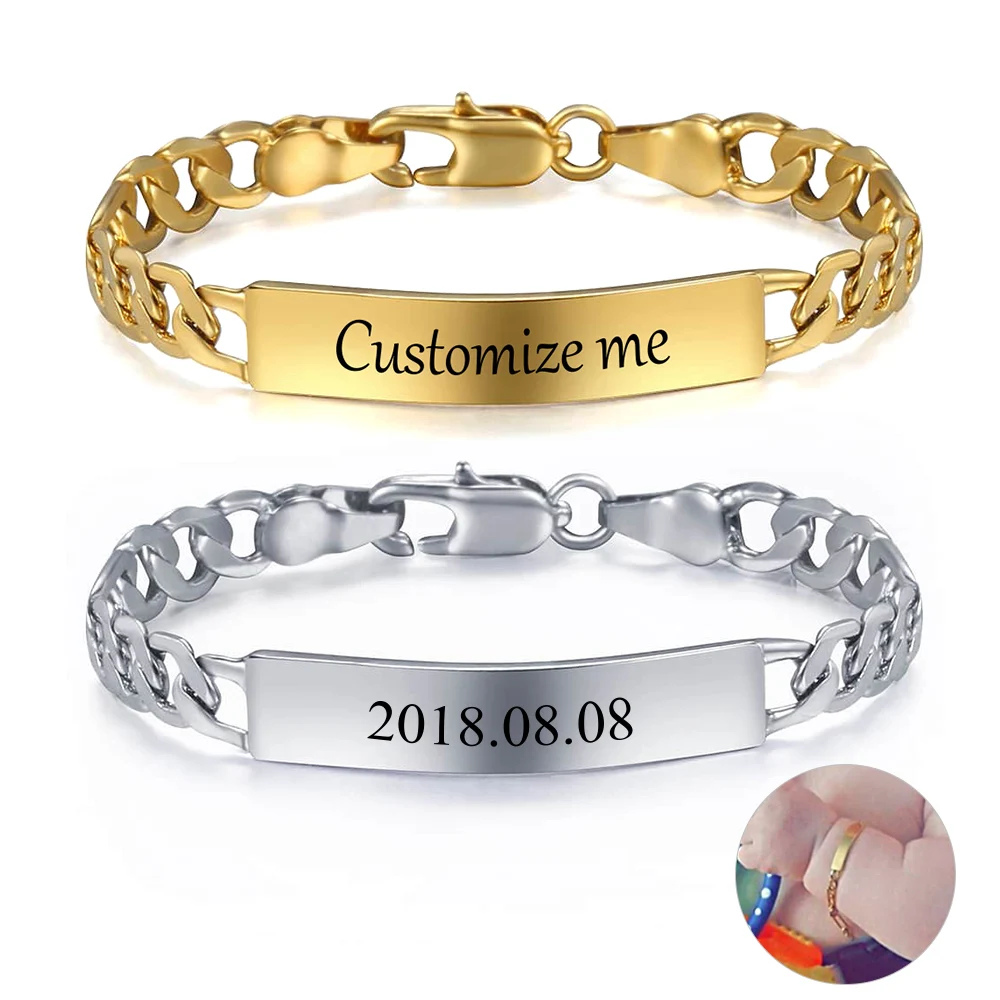 Personalize Custom Baby Bracelet Gold Color Silver Color Figaro Link Name Birth ID Bangle Girls Boys Child Unique Gift GBM100