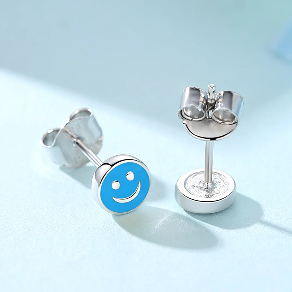Голубая Эмаль 925 стерлингового серебра серьги небольшие круглые улыбающееся