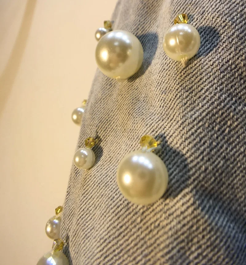 

Jean Shorts for Women Summer Wear European Style Handmade Pearl Beads Elastic High Waist Wide-Leg Denim Shorts Hot Pants