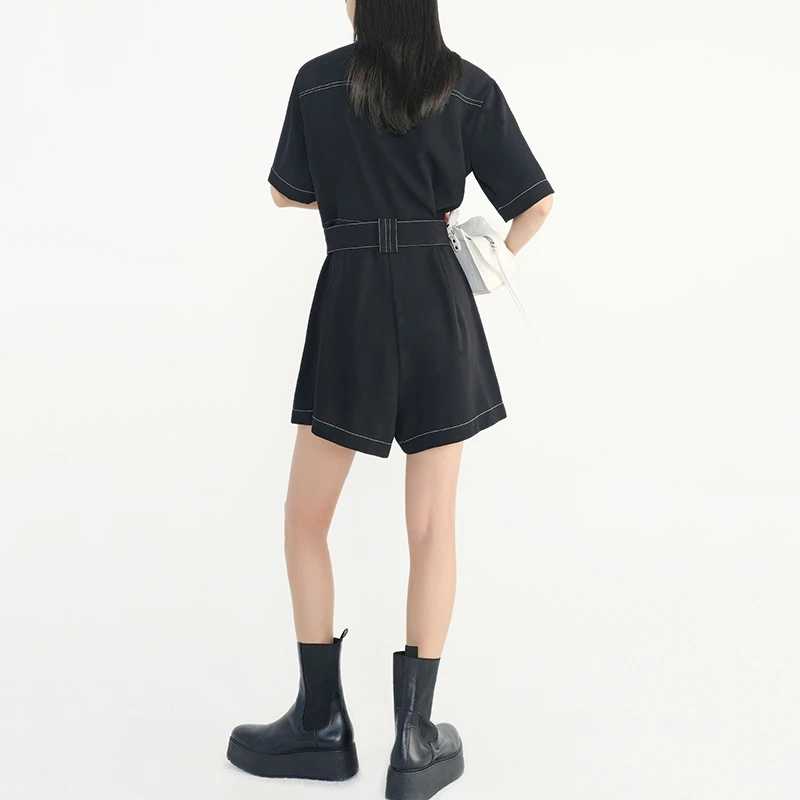

[EAM] Loose Fit Women Black Bandage Pocket Rompers New High Waist Pocket Stitch Pants Fashion Tide Spring Summer 2021 1DD5996