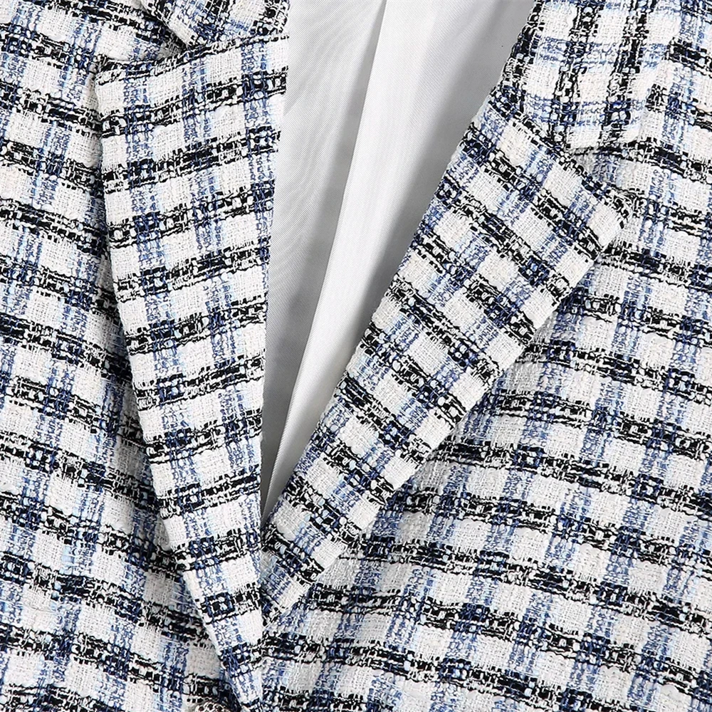 

Summer Textured Plaid Crop Blazers Women 2021 Vintage Lapel Short Sleeve Button Pocket Blazer Casual Chic Woman Short Clothing