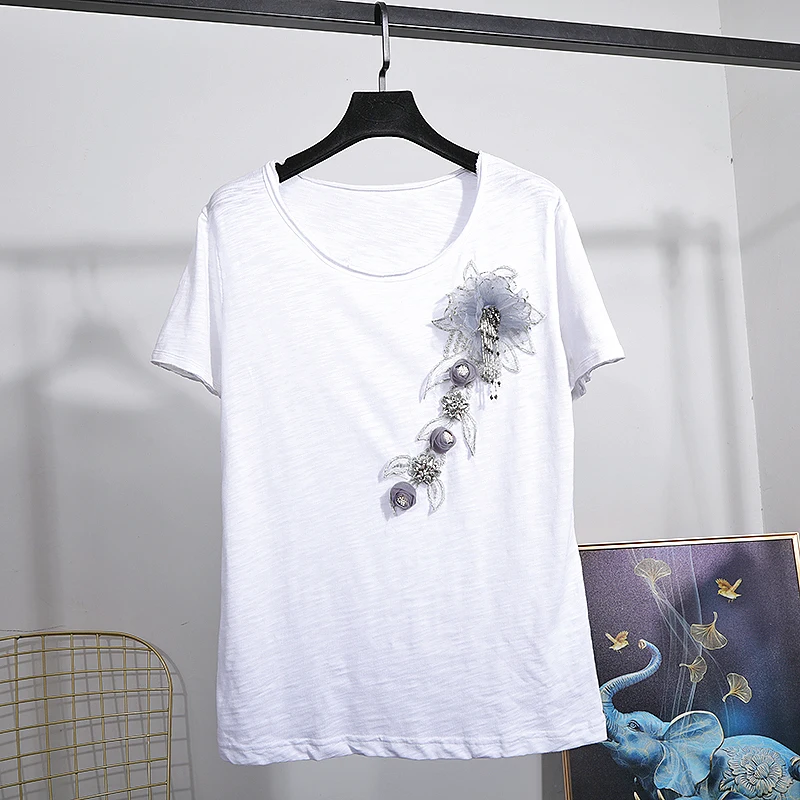 Модный летний комплект женская футболка с цветочной аппликацией и бисером узкие