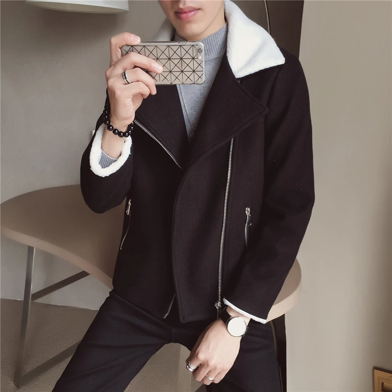 2021 Winter Warm Short Wool Coat Korean Slim Fit Lamb Collar Jacket Men Casual Trend Green Black Youth | Мужская одежда