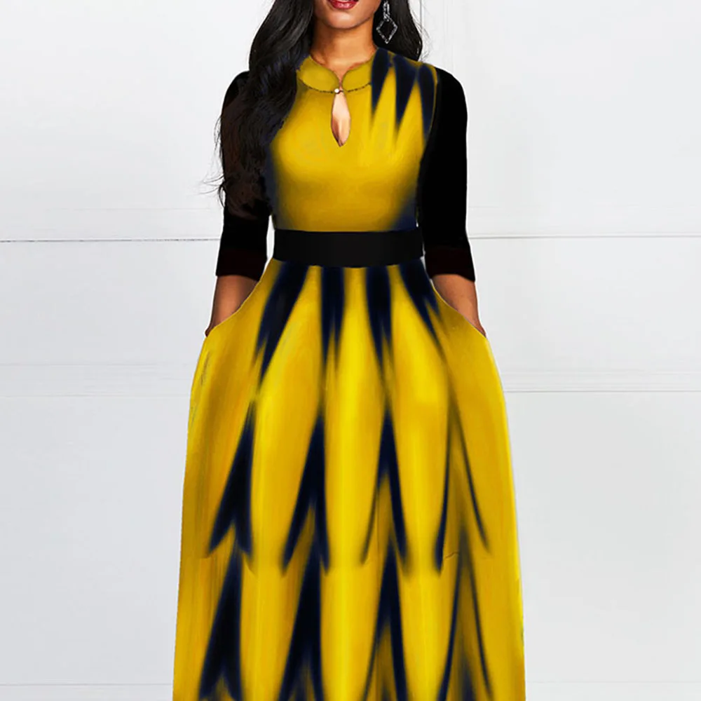 Длинное желтое платье А силуэта в африканском стиле элегантные весенние платья