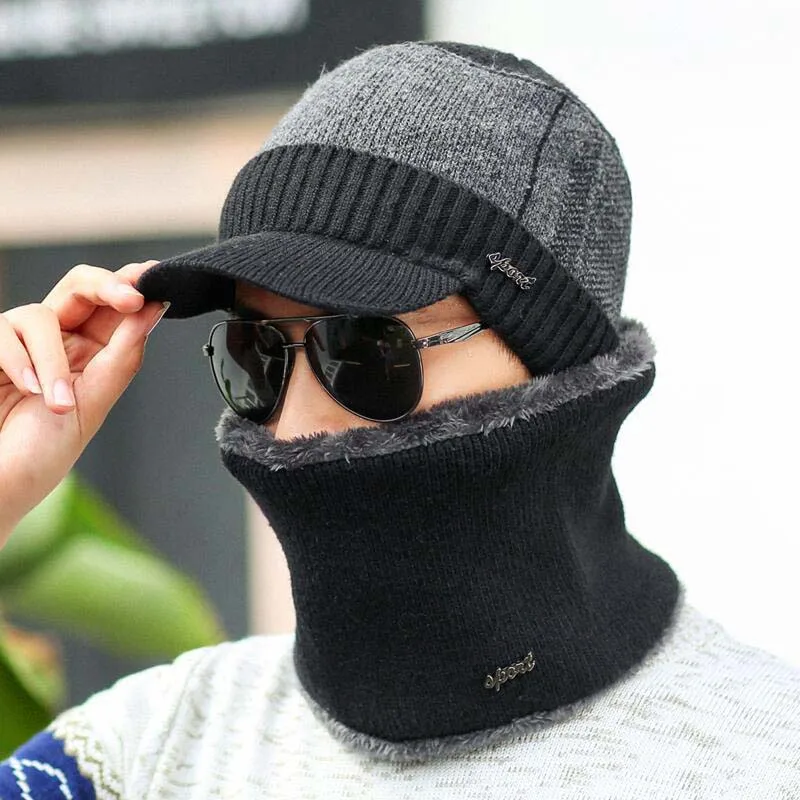 Комплект полосатых зимних козырьков с шарфом кольцом мужская шапка помпоном