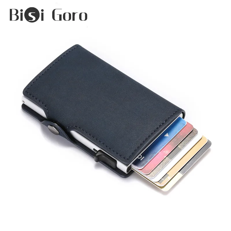 

BISI GORO Men Anti-theft Metal Card Holder Fashion RFID Aluminium Credit Card Holder Crazy Horse PU Leather Travel Card Wallet