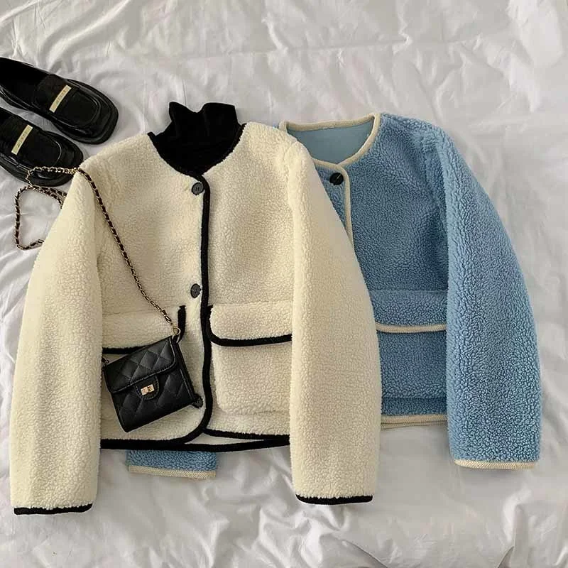 

Lamb Wool Jacket Women Casual Round Neck Long Sleeve Outwear Cardigan Women Casual White Blue Elegant Tops