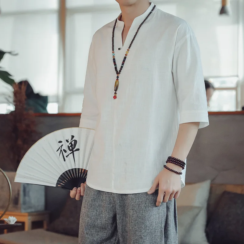 

Футболка в китайском стиле для мужчин, лето 2021, топ в национальном стиле с коротким рукавом, мужская рубашка с воротником ханьфу