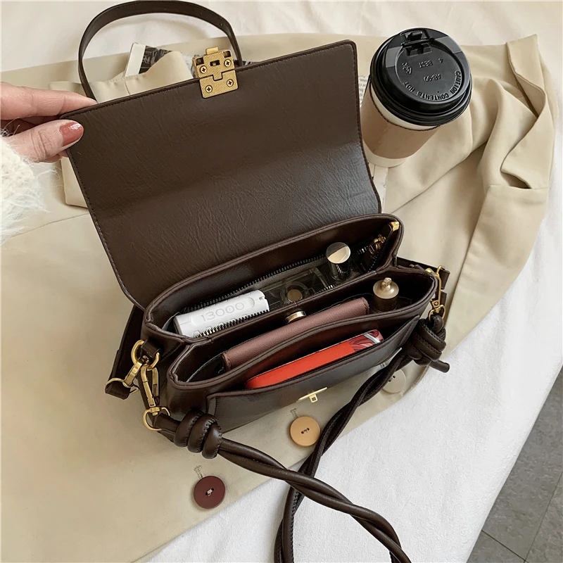 

Vintage Solid Small Crossbody Bags For Women Unique Design Braided Strap Shoulder Bags High Quality Smooth PU Leather Flap 2021