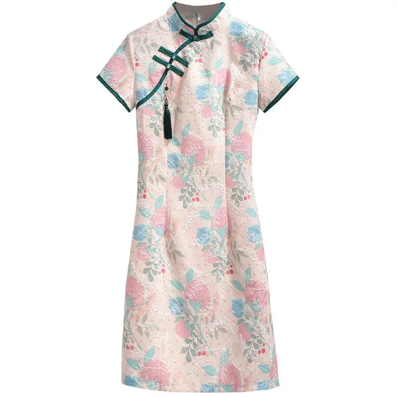 

5xl Large Size Women's Solid Color Vest Dress 2021 Summer New Traditional Chinese Embroidered Retro Qipao