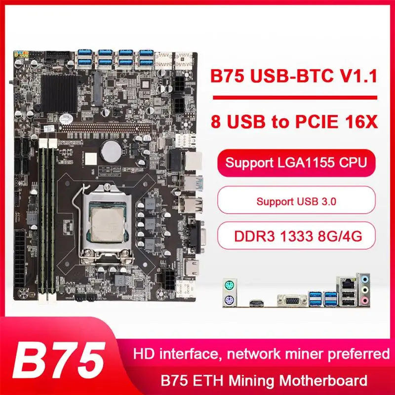

Материнская плата B75 ETH 8 USB 3,0 для PCIE слот GPU DDR3 LGA1155 4G/8G, материнская плата для настольного ПК с процессором Ethereum Mining