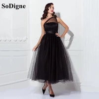 sodigne a line vintage black dotted prom dresses one shoulder ankle length tulle evening gowns formal dress party