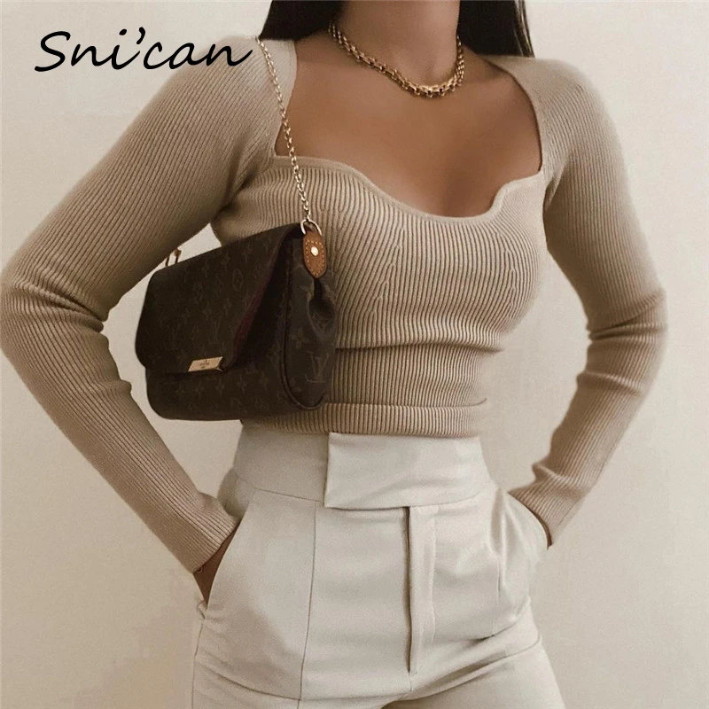 

Snican Solid Sqaure Collar Sweater Bodycon Slim Sexy Pullover Fashion Women Long Sleeve Za Pull Femme Spring 2021 Ladies Tops