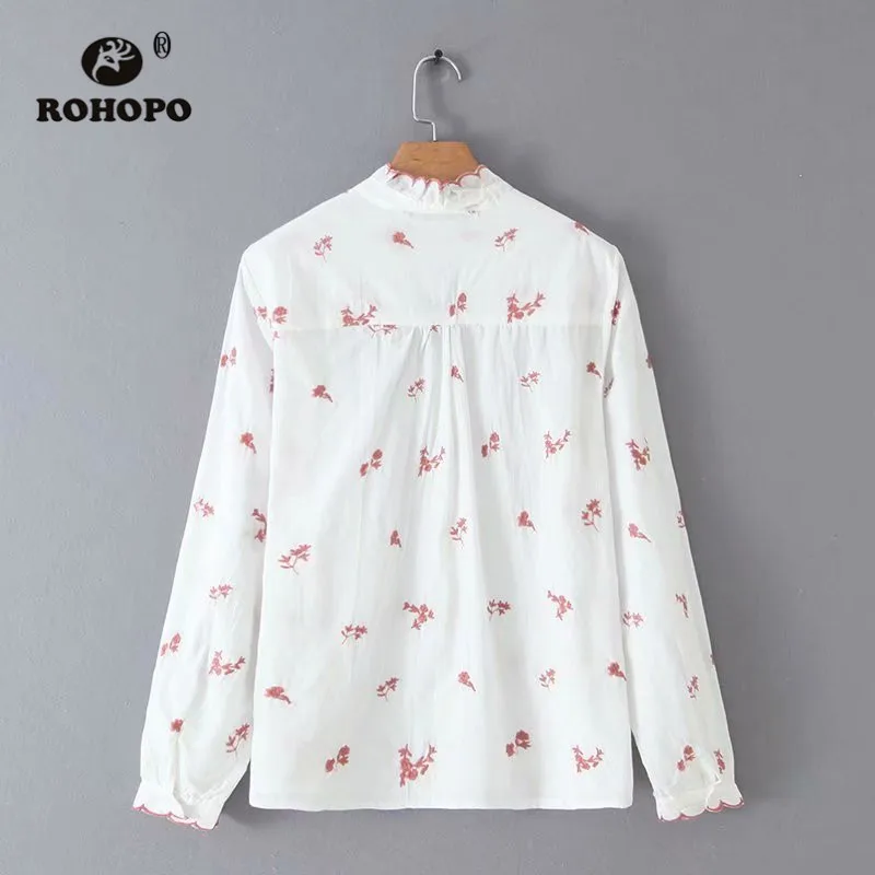 ROHOPO Overlocked Round Collar &amp Cuff Elbroidery Floral White Blouse Long Sleeve Ladies Retro Top Shirt #1331 |