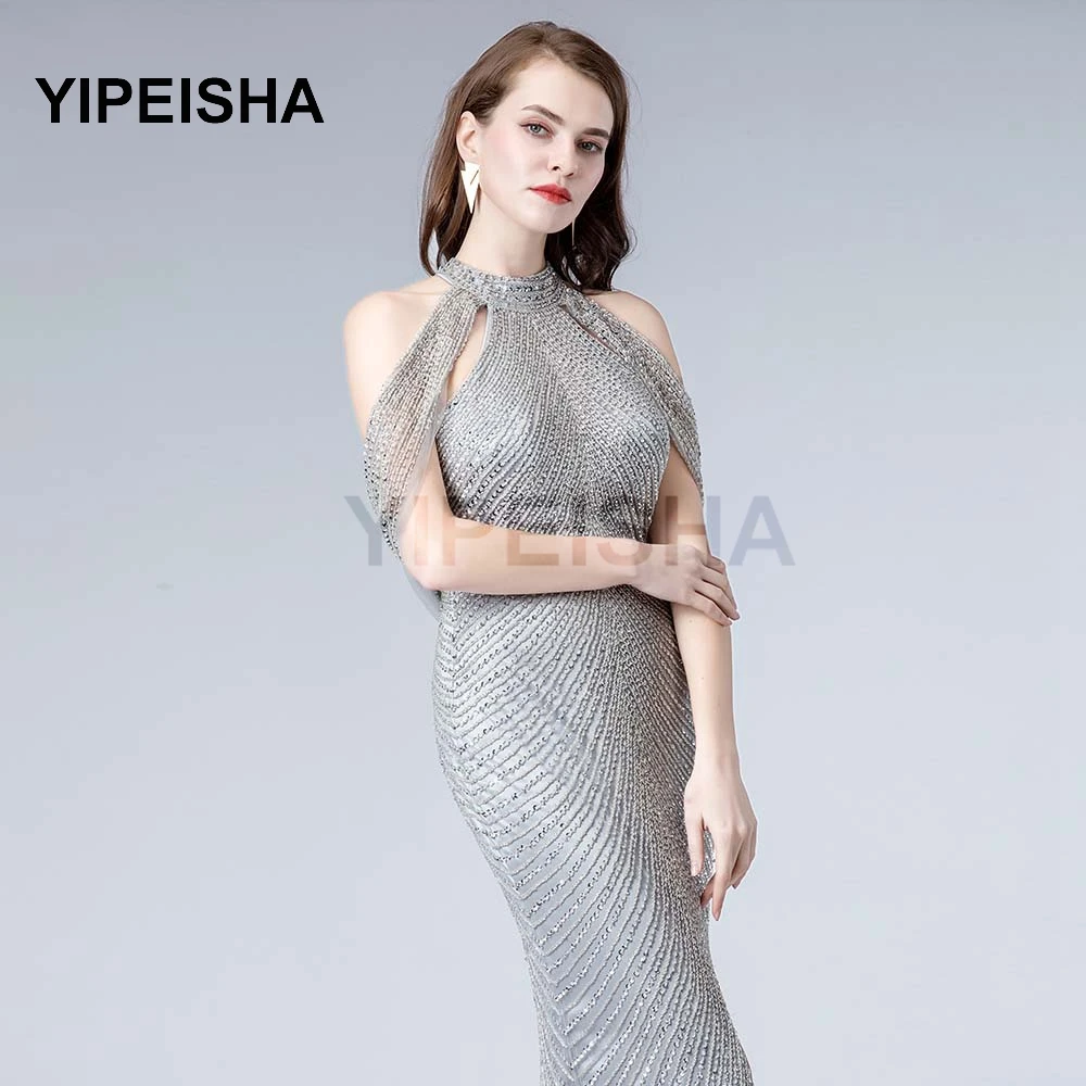 

2021 New Halter Neck Backless Evening Dress Mermaid Beading Crystal Sleeveless Front Split Prom Party Gown robes de soire