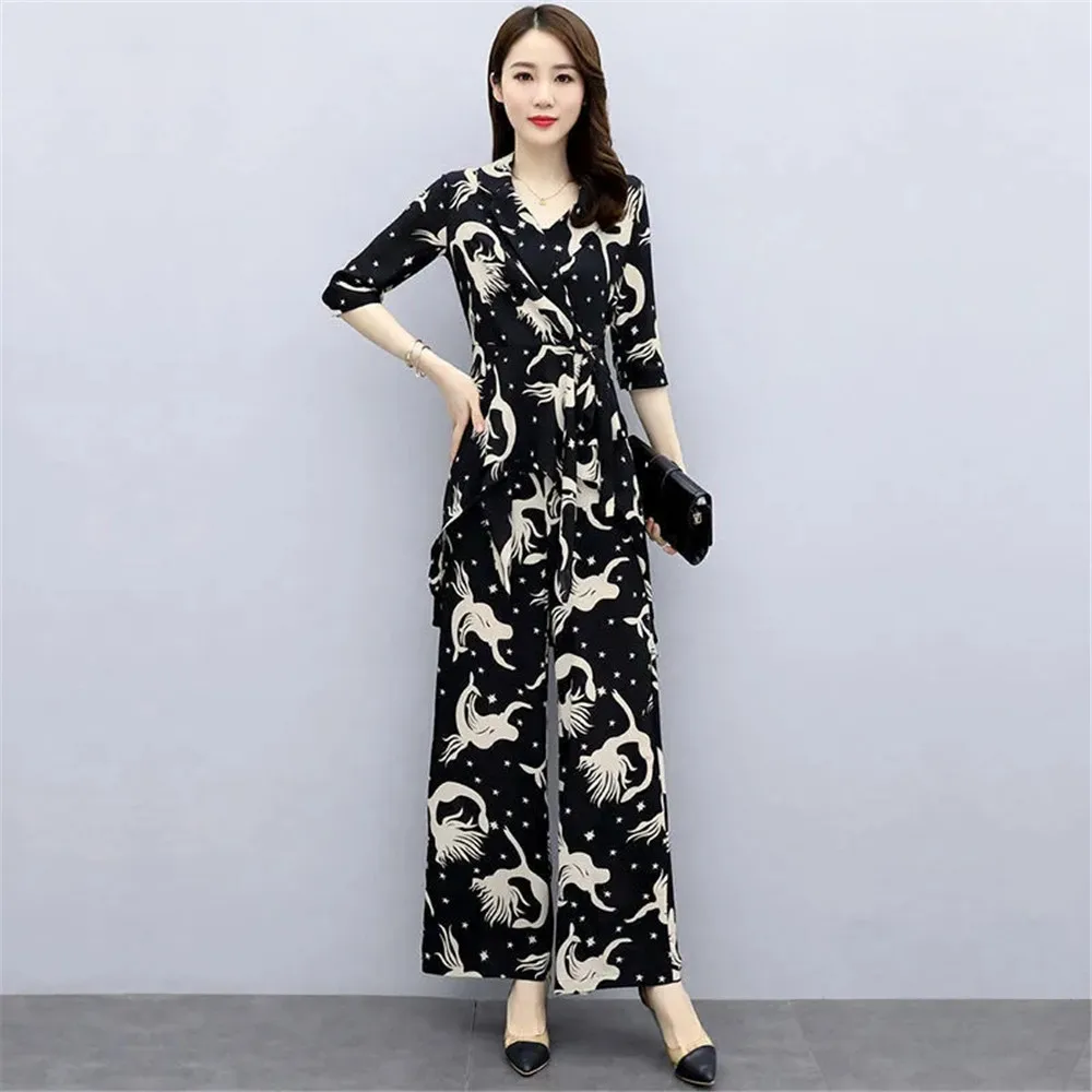 

Summer Polyester Women'S Clothing Suit 2021 Fashion Mid Waist Wide Leg Pants & Irregular Tops V-Neck 2-Piece Set Good Quality