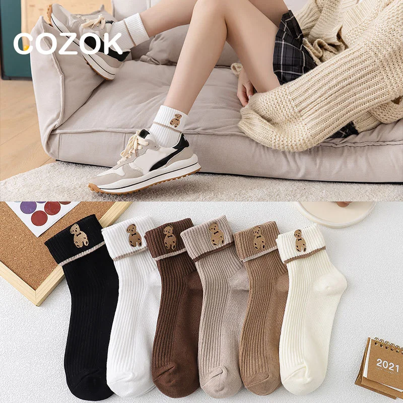 

6 Pairs of Autumn and Winter 2021 New Mid-tube Flanging Embroidery Kawaii Bear Stockings in Six Colors Cute Cotton Socks women's